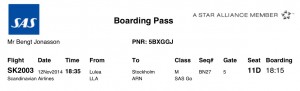 Boarding Pass för SAS flight från Luleå till Arlanda.